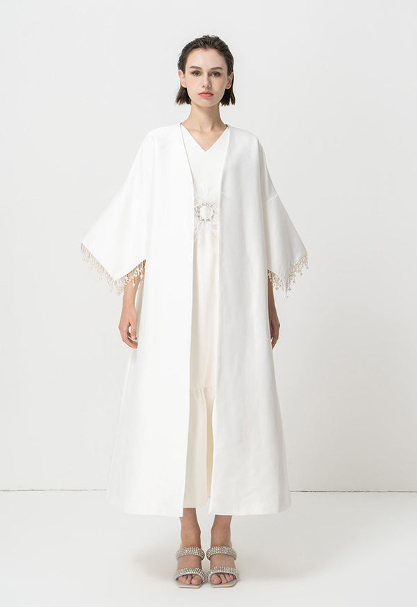 Choice Pearl Detailed Open Front Maxi Abaya With Self Tie Belt Offwhite