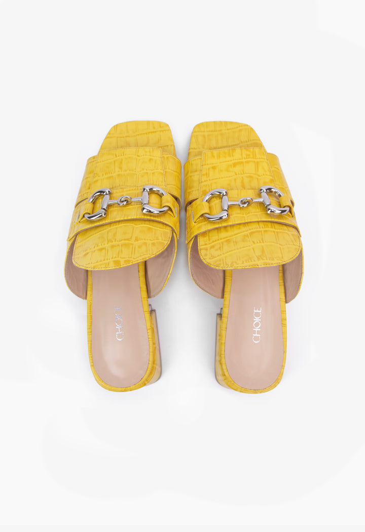 Choice Acrylic Emblem Crocodile Textured Leather Sandals Yellow