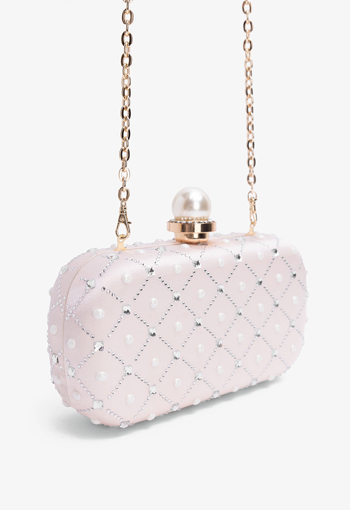 Choice Crystal And Faux Pearls Embellished Clutch Light Pink