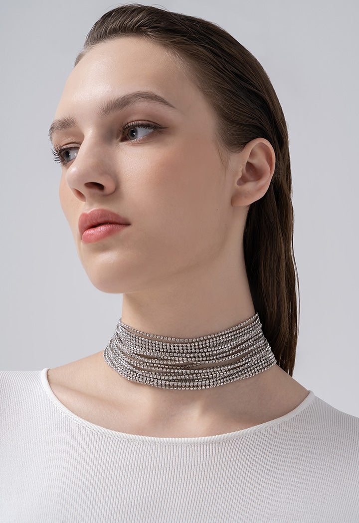 Choice Crystal Embellished Multi Strand Wide Choker Silver