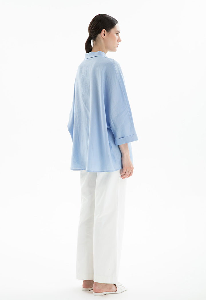 Choice Collared Concealed Buttons Oversized Shirt Blue