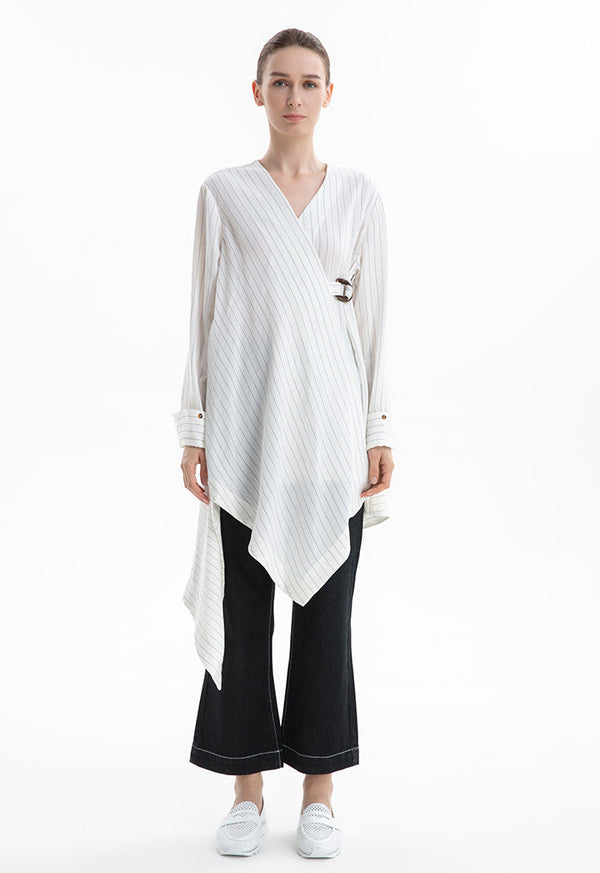 Choice Striped Asymmetrical Blouse Off White