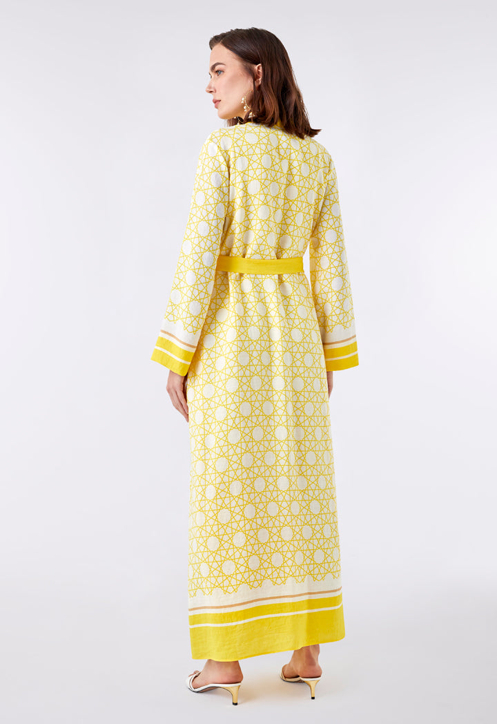 Choice Long Printed Linen Kimono Yellow Print - Wardrobe Fashion