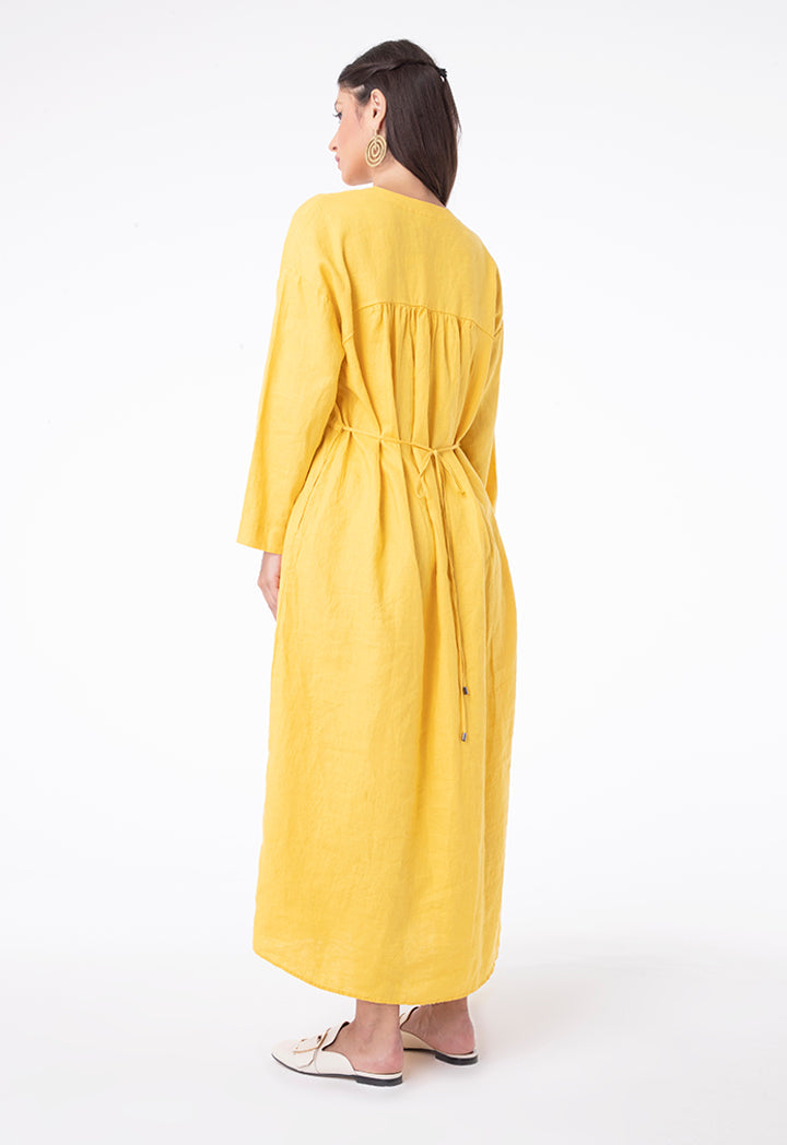 Choice Linen Lace Shirred Waist Dress Yellow