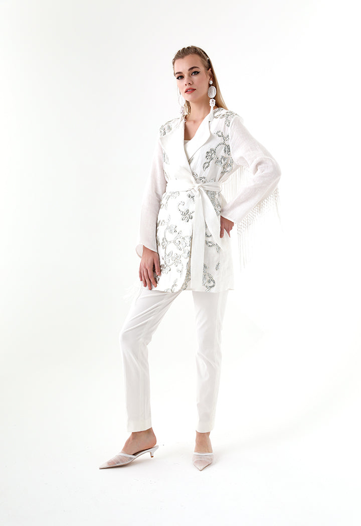 Choice Sequins Embroidery Kimono Jacket White - Wardrobe Fashion