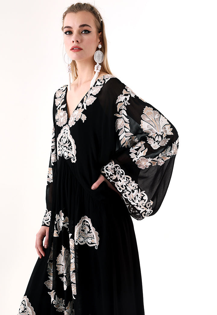 Choice Embroidered Kaftan Midi Dress Black - Wardrobe Fashion