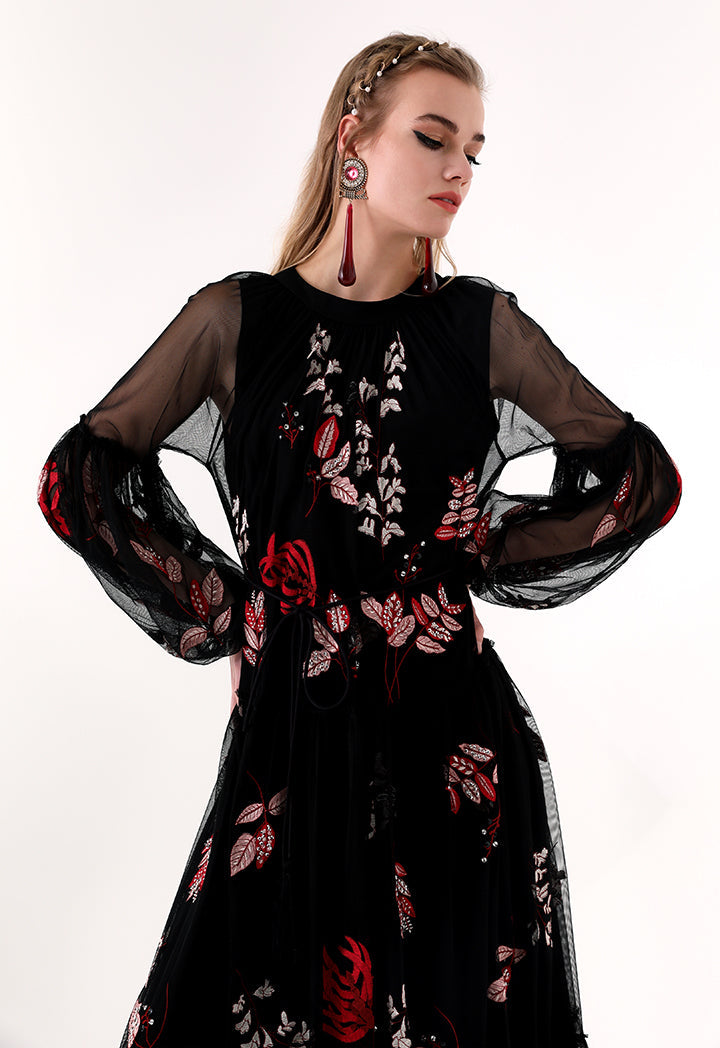 Choice Floral Embroidered Chiffon Dress Black - Wardrobe Fashion