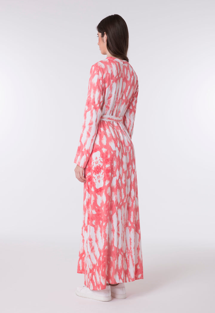 Choice Tie Dye Belted Long Dress Coral-Print - Wardrobe Fashion