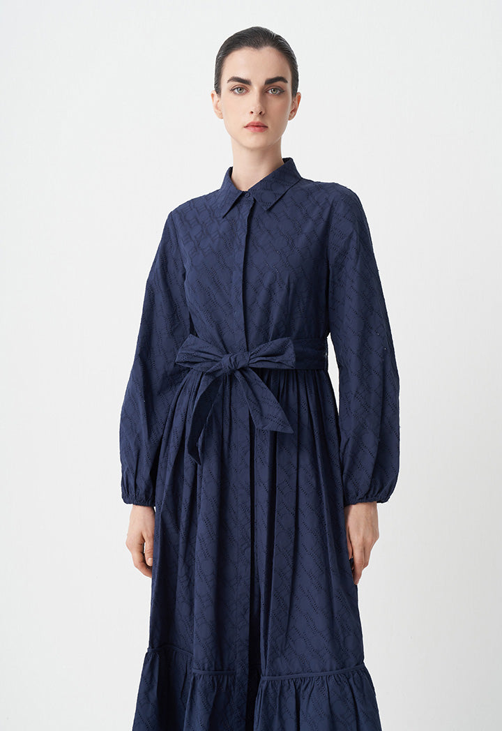 Choice Solid Monogram Belted Shirt Dress Navy