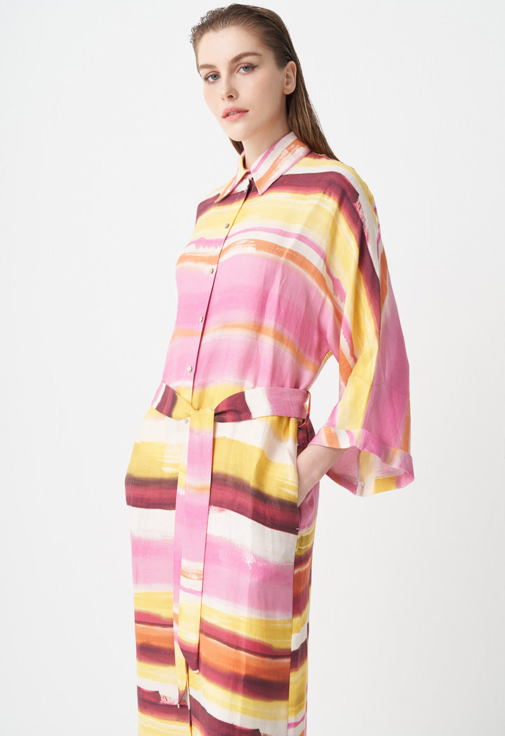 Choice Printed Belted Maxi Shirt Dress  Pink Print