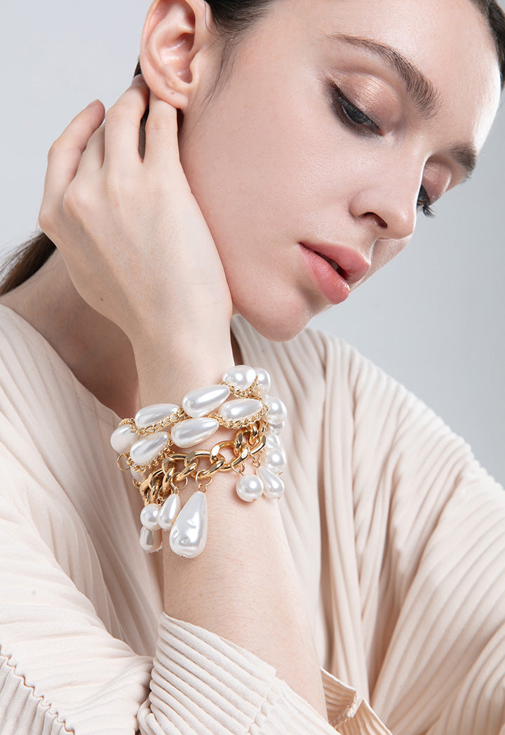 Choice Chain Link Tear Drop Pearls Bracelet White-Gold