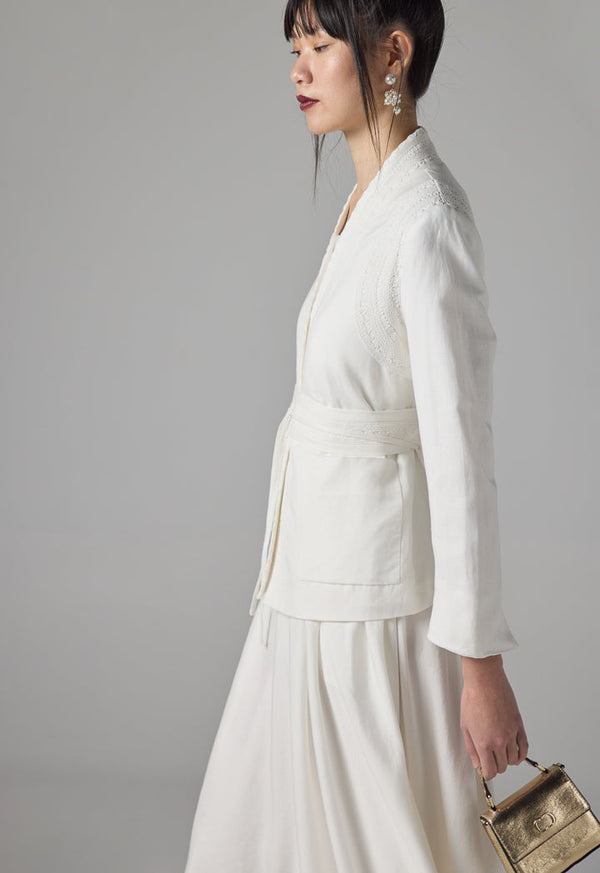 Choice Solid Long Sleeves Embroidered Kimono - Ramadan Style Off White