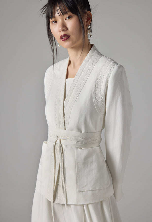 Choice Solid Long Sleeves Embroidered Kimono - Ramadan Style Off White