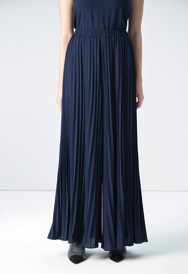 Choice Solid Pleated Wide Legs Trousers Navy