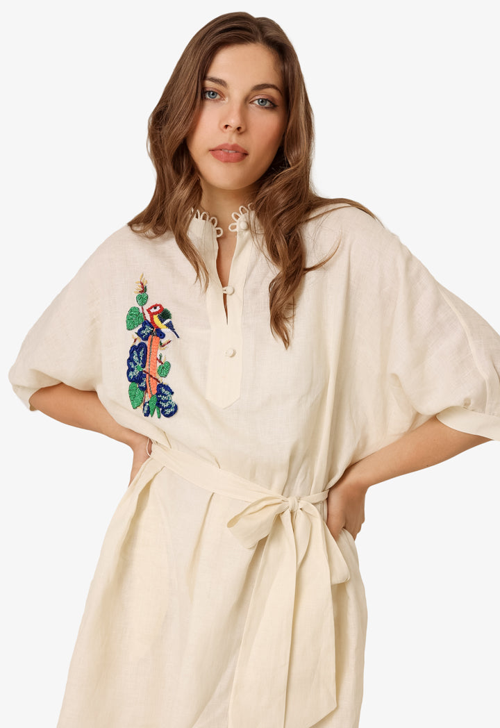 Machka Embroidered Detail Linen Dress Ecru