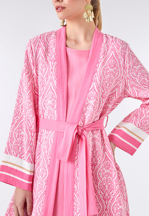 Choice Long Printed Pink Kimono Pink Print - Wardrobe Fashion