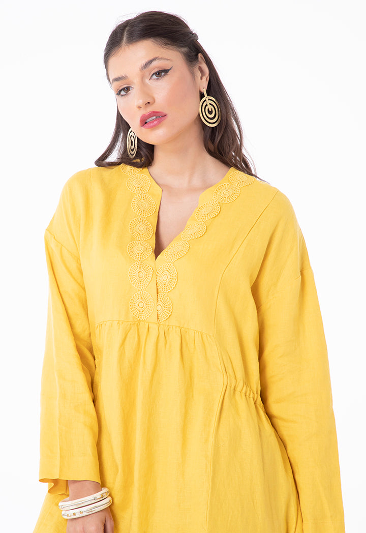 Choice Linen Lace Shirred Waist Dress Yellow