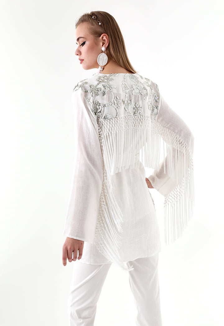 Choice Sequins Embroidery Kimono Jacket White - Wardrobe Fashion