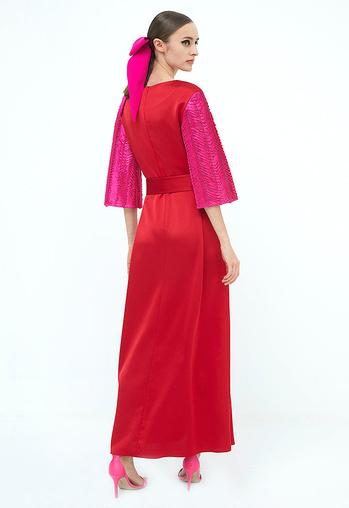 Choice Dual Fabric Long Dress Red - Wardrobe Fashion