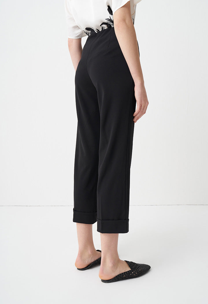 Choice Folded Hem Solid Trousers Black