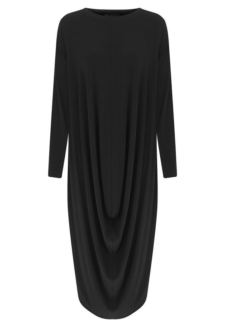 Nu Long Sleeve Front-Drape Asymmetrical Hem Maxi Dress Black