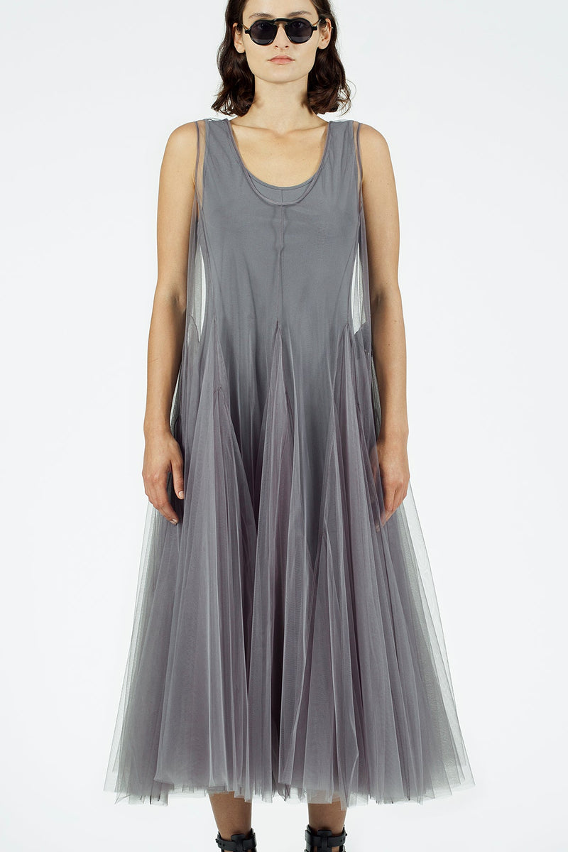 Nu Allover Tulle Sleeveless Midi Dress Foggy