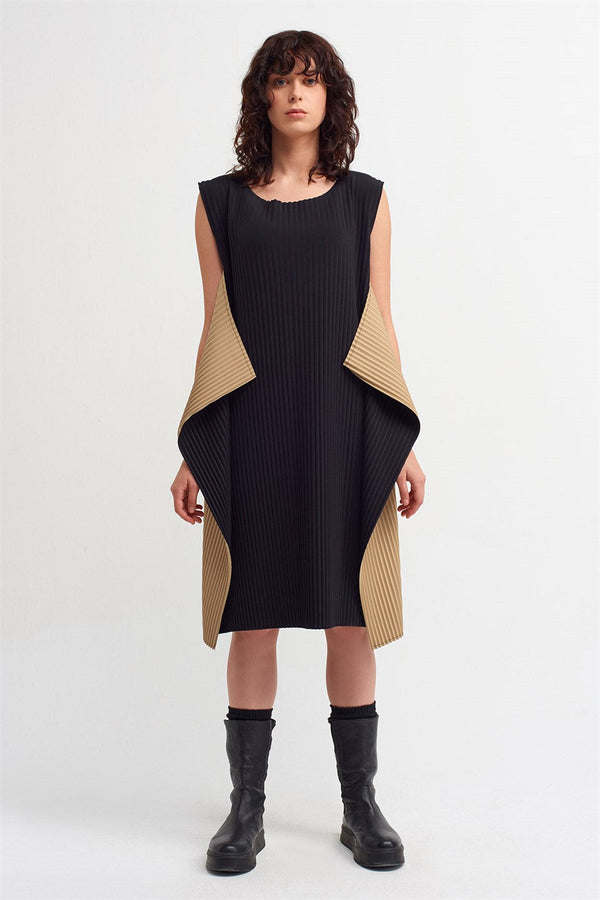 Nu Sleeveless Cape Detail Dress Beige-Black