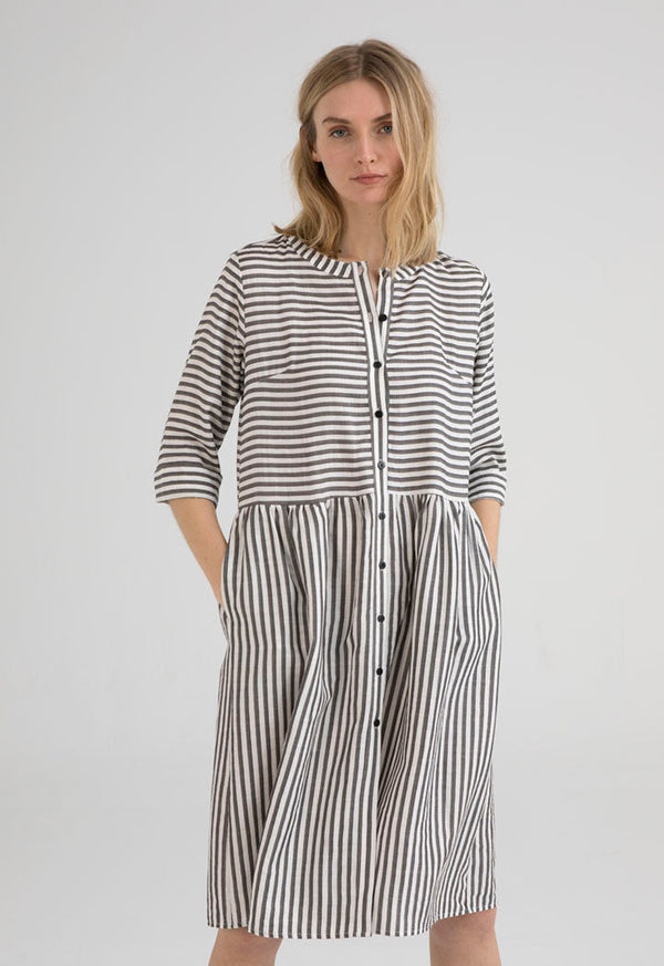 UNQ Striped Long Sleeve A-Line Midi Dress GREY