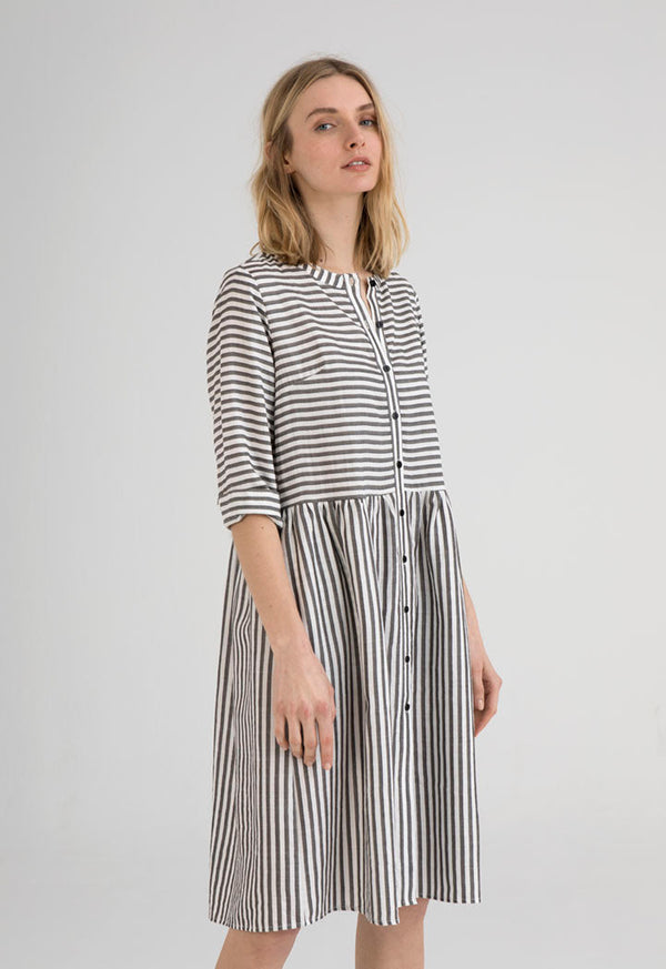 UNQ Striped Long Sleeve A-Line Midi Dress GREY