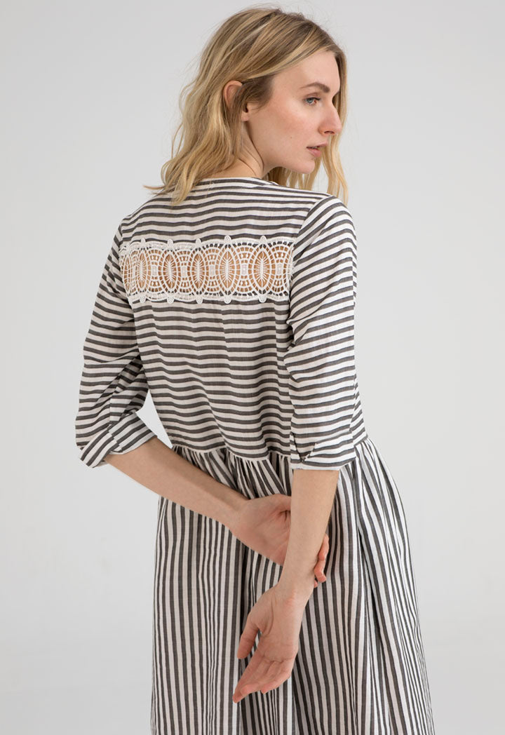 UNQ Striped Long Sleeve A-Line Midi Dress GREY