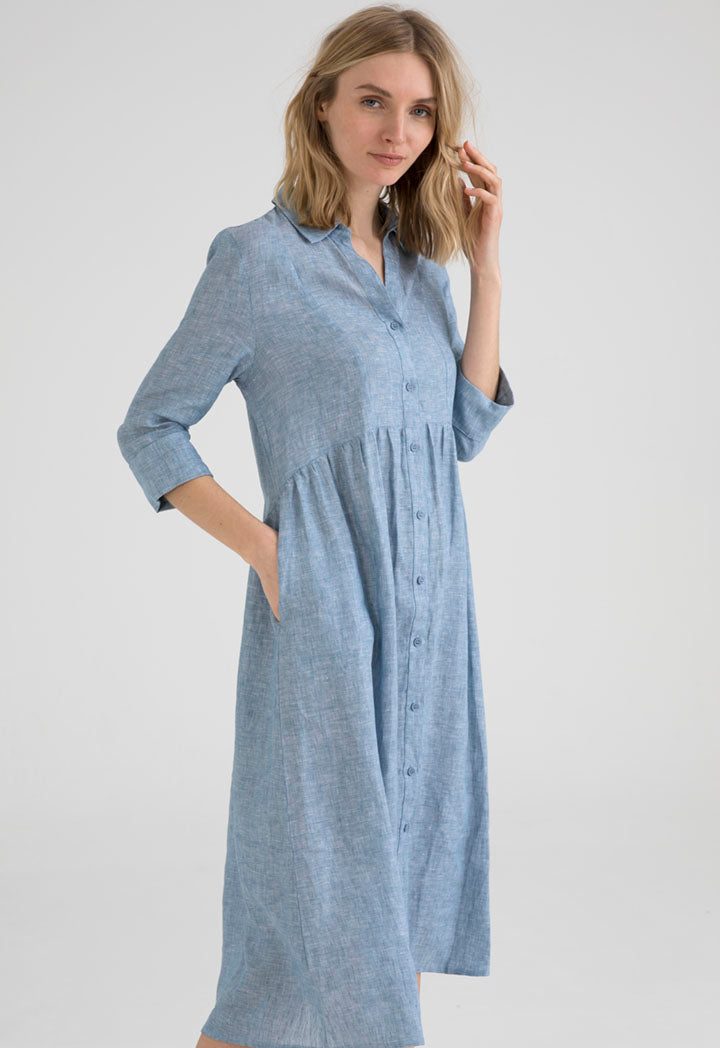 UNQ Long Sleeve Belted A-Line Midi Dress BLUE