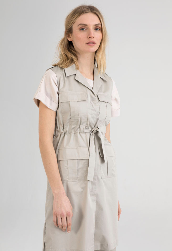 UNQ Sleeveless Four Pocket Tie Waist Midi Shirt Dress BEIGE