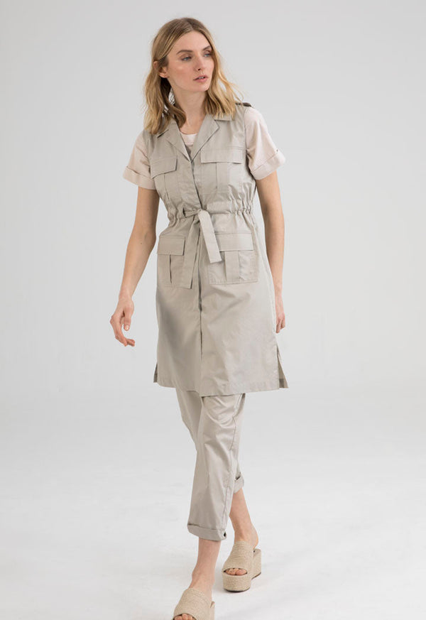 UNQ Sleeveless Four Pocket Tie Waist Midi Shirt Dress BEIGE