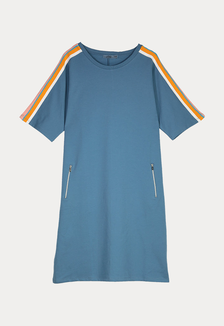 UNQ Striped Shoulder Short Sleeve Shift Midi Dress BLUE