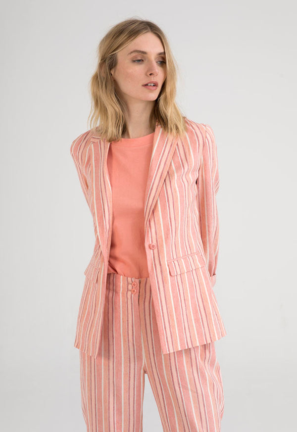 UNQ Linen Striped Notched Collar Single Breasted Jacket PINK