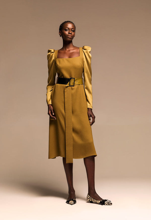 Kameya Long Sleeve Belted A-Line Maxi Dress Mustard