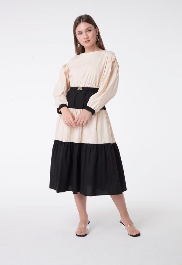 Nocturne Long Sleeve Belted Tiered A-Line Midi Dress Beige