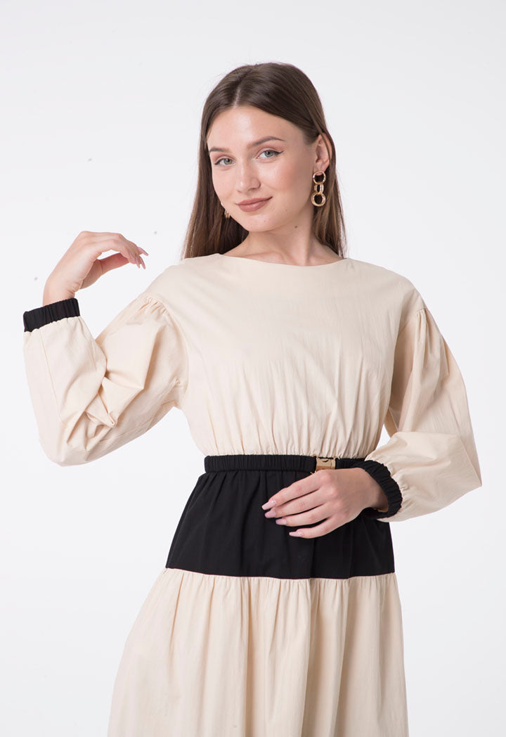 Nocturne Long Sleeve Belted Tiered A-Line Midi Dress Beige