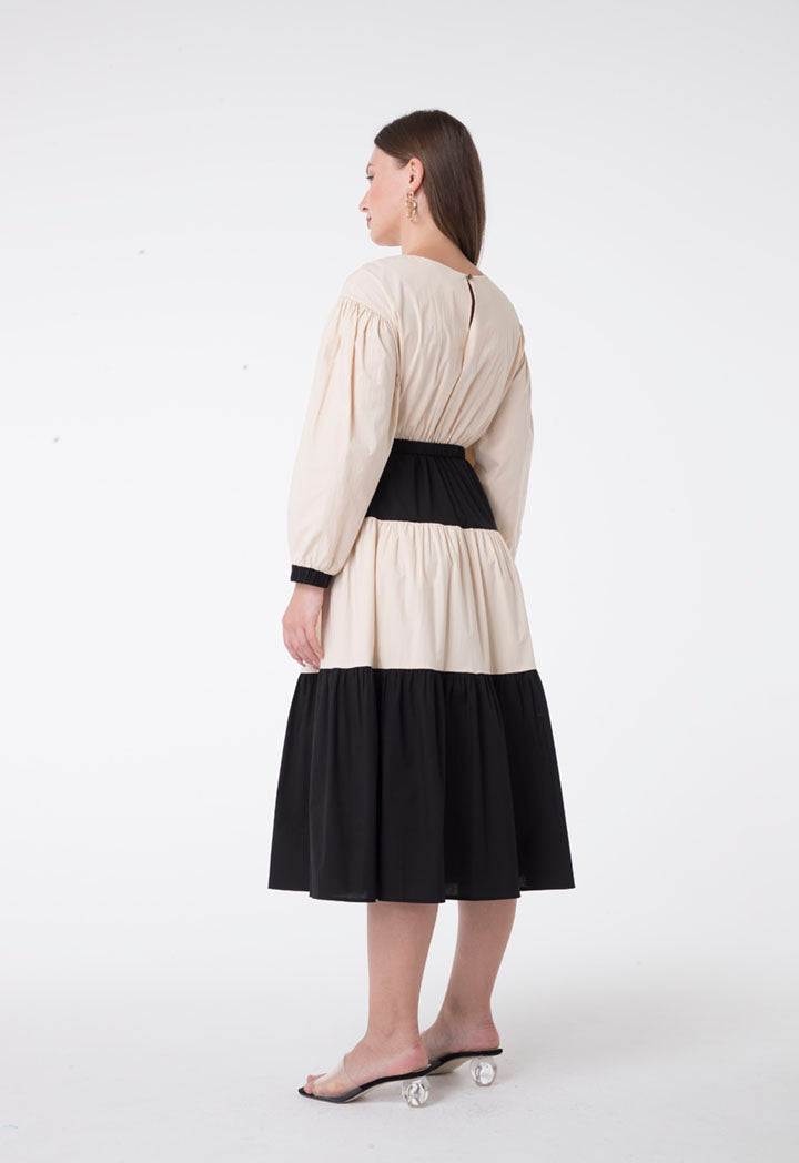 Nocturne Long Sleeve Belted Tiered A-Line Midi Dress Beige