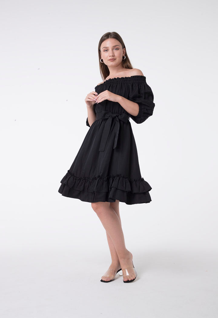 Nocturne Short Sleeve Off Shoulder Belted Layered Hem Short Dress Black