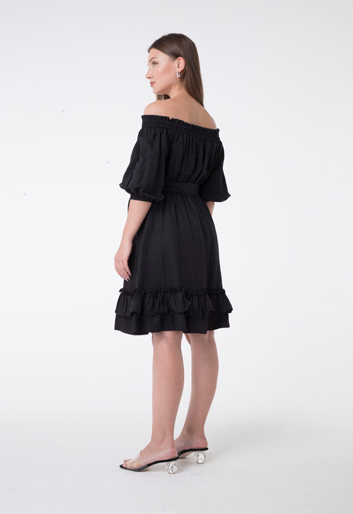 Nocturne Short Sleeve Off Shoulder Belted Layered Hem Short Dress Black