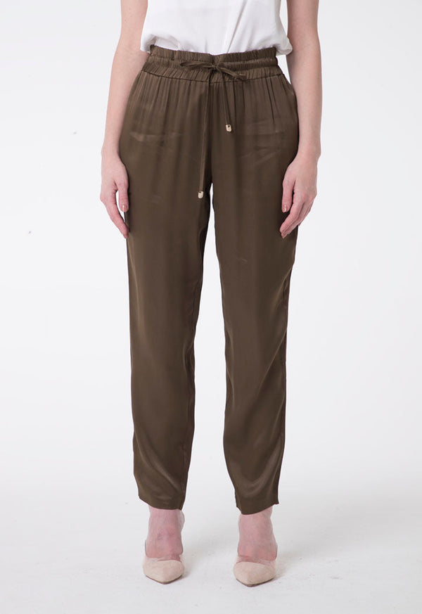 Nocturne Elastic Drawstring Waist Slim Fit Trouser Khaki