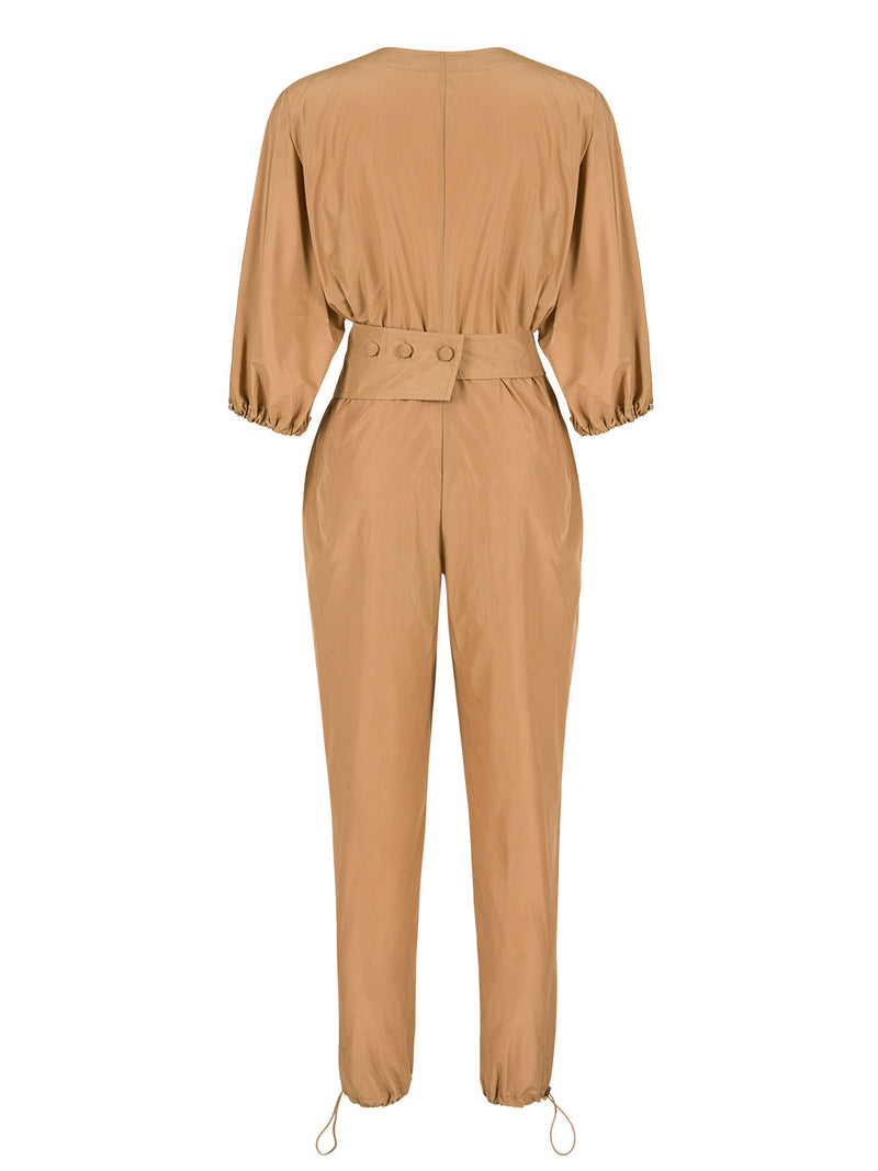 Nocturne 3/4 Sleeve Bag Belted Slit Fit Jumpsuit Beige