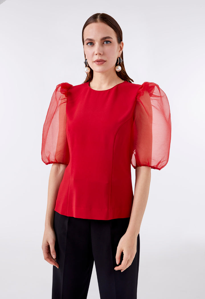 Choice Organza Puff Sleeves Blouse  Red - Wardrobe Fashion