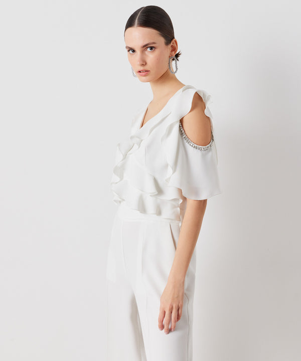 Ipekyol Ruffle Effect With Stone Detail Jumpsuit Off White