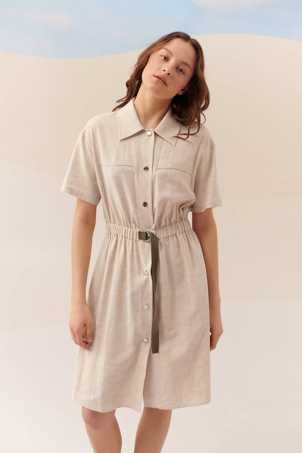 Roman Belt Detailed Linen Dress Natural