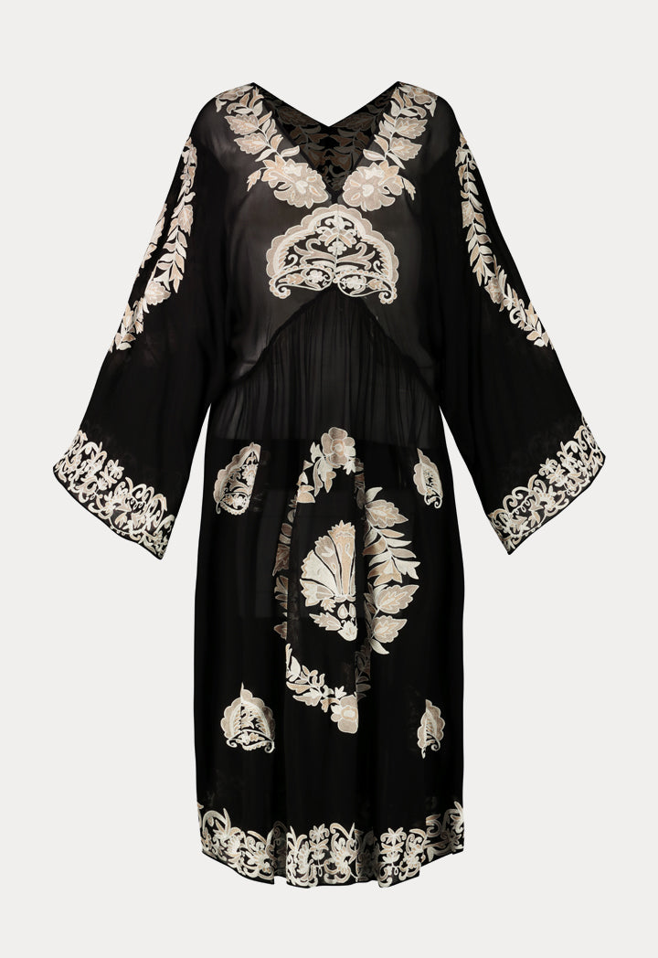 Choice Embroidered Kaftan Midi Dress Black - Wardrobe Fashion