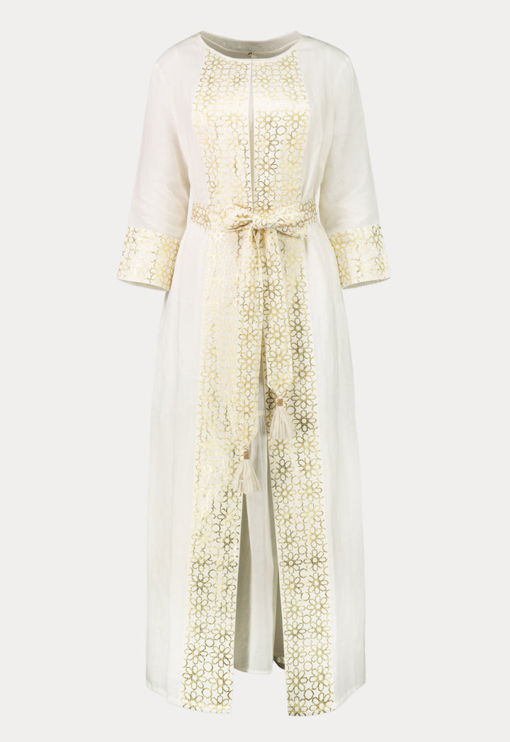 Choice Geometric Gold Print Abaya  Offwhite - Wardrobe Fashion