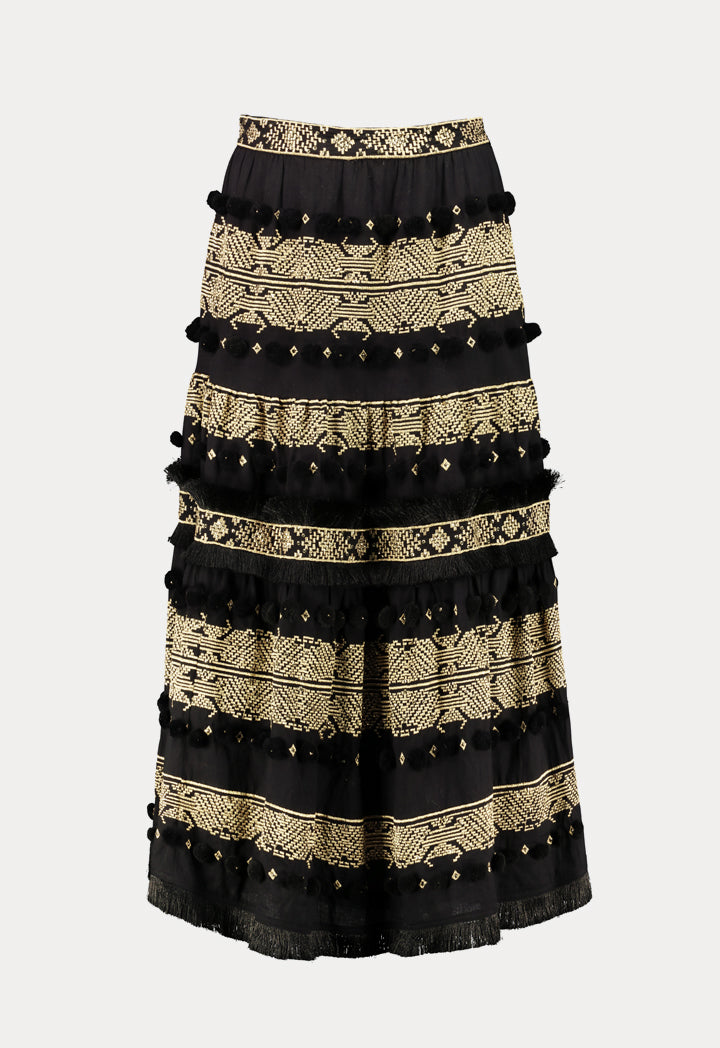 Choice Pom Pom Trim Layered Maxi Skirt Black W - Gold - Wardrobe Fashion