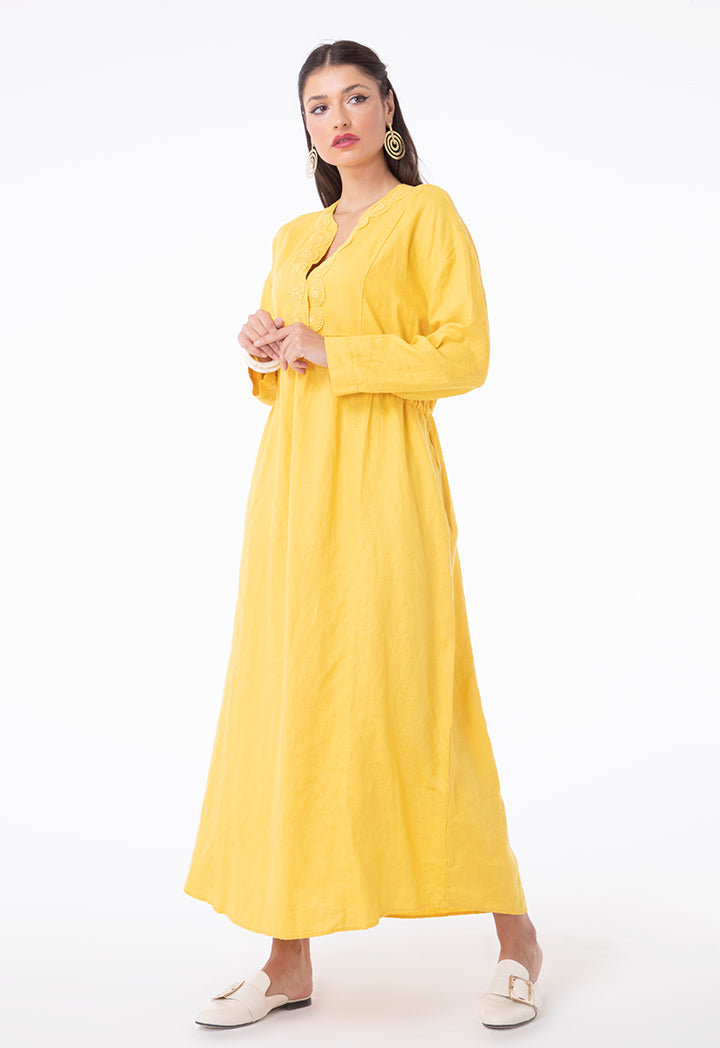 Choice Linen Lace Shirred Waist Dress Yellow